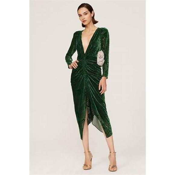 Ronny Kobo Astrid Green Animal Print Velvet Ruched Long Sleeve Midi Dress XS - Picture 2 of 14
